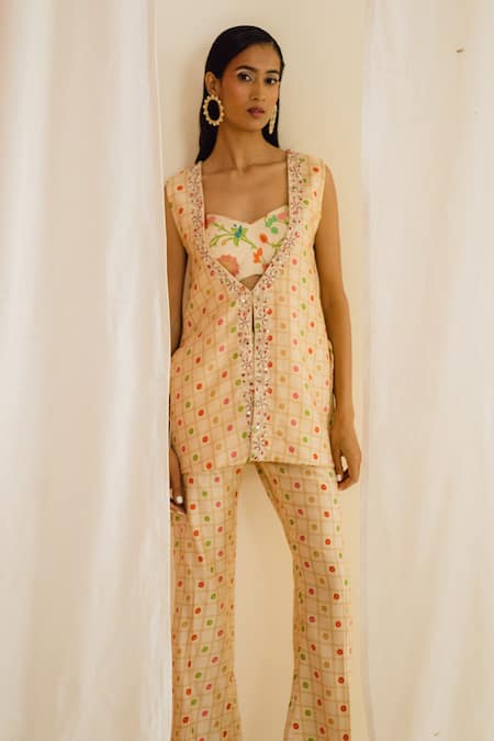 Buy_Drishti & Zahabia_Cream Denim, Crepe, Silk Embroidery Sweetheart Floral Print Jacket And Pant Set _Online_at_Aza_Fashions
