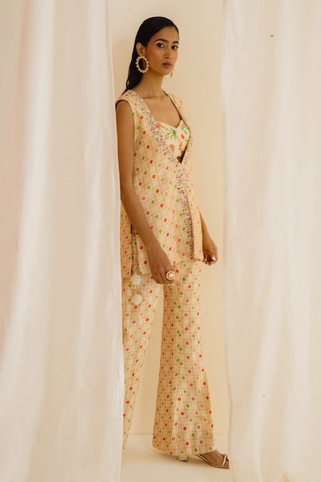 Shop_Drishti & Zahabia_Cream Denim, Crepe, Silk Embroidery Sweetheart Floral Print Jacket And Pant Set _Online_at_Aza_Fashions