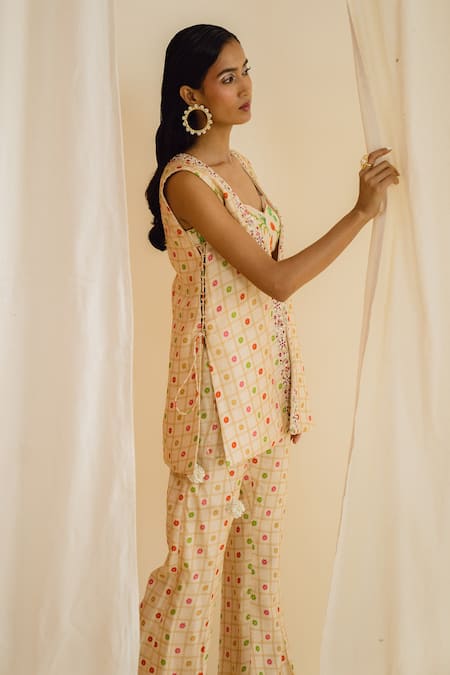 Drishti & Zahabia_Cream Denim, Crepe, Silk Embroidery Sweetheart Floral Print Jacket And Pant Set _at_Aza_Fashions