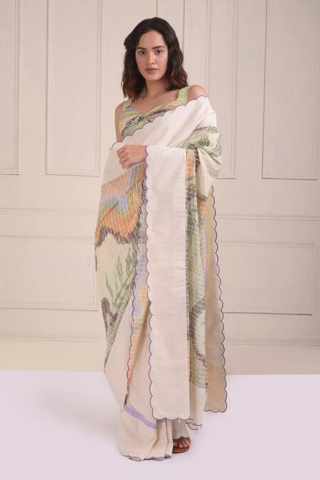 Shwetanga_Ivory Cotton Embroidery Sweetheart Neck Organic Saree With Draped Blouse _Online_at_Aza_Fashions