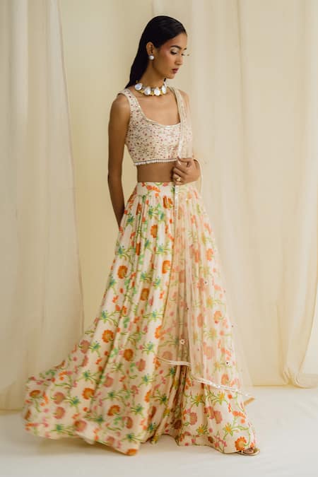 Drishti & Zahabia_Cream Silk, Net Embroidery, Tassels Round Neck Floral Print Skirt Set _Online_at_Aza_Fashions