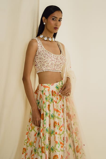 Buy_Drishti & Zahabia_Cream Silk, Net Embroidery, Tassels Round Neck Floral Print Skirt Set _Online_at_Aza_Fashions