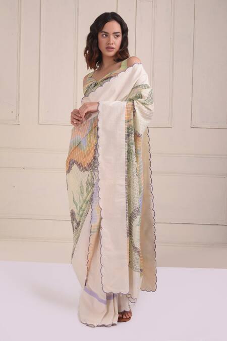 Buy_Shwetanga_Ivory Cotton Embroidery Sweetheart Neck Organic Saree With Draped Blouse _Online_at_Aza_Fashions