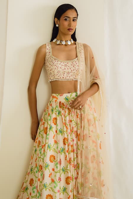 Drishti & Zahabia_Cream Silk, Net Embroidery, Tassels Round Neck Floral Print Skirt Set _at_Aza_Fashions