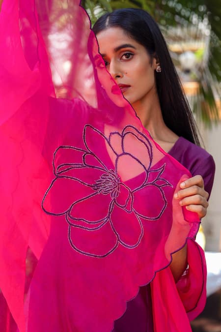 Buy_The Aarya_Purple Chanderi, Viscose Embroidery V-neck Handwoven Anarkali Palazzo Set_Online_at_Aza_Fashions