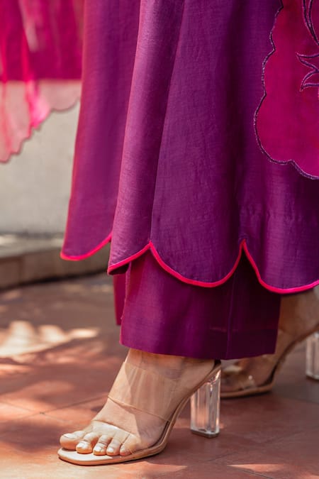 Shop_The Aarya_Purple Chanderi, Viscose Embroidery V-neck Handwoven Anarkali Palazzo Set_Online_at_Aza_Fashions