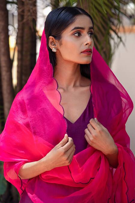 The Aarya_Purple Chanderi, Viscose Embroidery V-neck Handwoven Anarkali Palazzo Set_at_Aza_Fashions