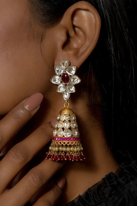 Osvag India_Gold Plated Diamonds, Stones Polki Embellished Jhumkas _Online_at_Aza_Fashions