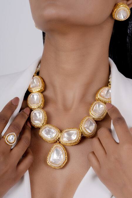 Osvag India_Gold Plated Diamonds, Stones Geometric Shaped Necklace Set _Online_at_Aza_Fashions