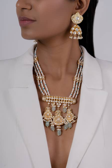 Osvag India_Gold Plated Polki Embellished Long Pendant Necklace _Online_at_Aza_Fashions