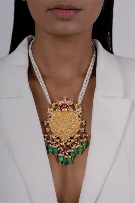 Osvag India_Gold Plated Floral Carved Pendant Necklace _Online_at_Aza_Fashions