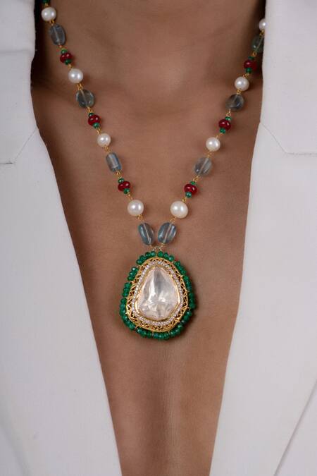 Osvag India_Gold Plated Semi Precious Polki Pendant Necklace _Online_at_Aza_Fashions