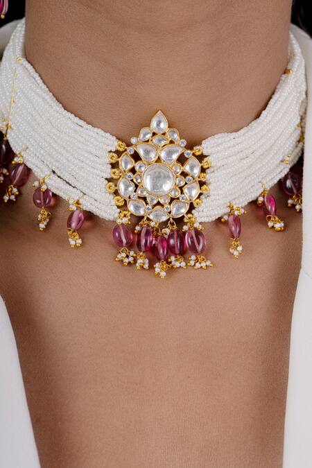 Osvag India_Gold Plated Diamonds, Beads Layered Pendant Choker Set _Online_at_Aza_Fashions