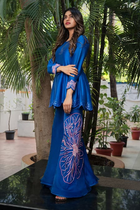 The Aarya_Blue Chanderi, Viscose, Organza Sequins, Handwoven Anarkali Gharara Set_Online_at_Aza_Fashions