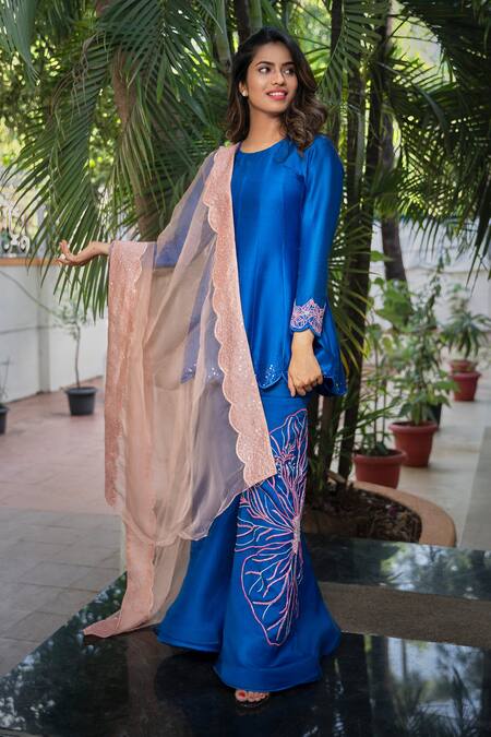 Buy_The Aarya_Blue Chanderi, Viscose, Organza Sequins, Handwoven Anarkali Gharara Set_Online_at_Aza_Fashions
