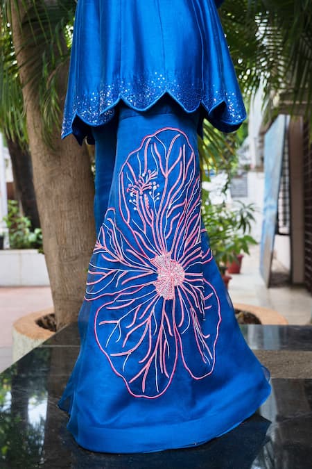 The Aarya_Blue Chanderi, Viscose, Organza Sequins, Handwoven Anarkali Gharara Set_at_Aza_Fashions