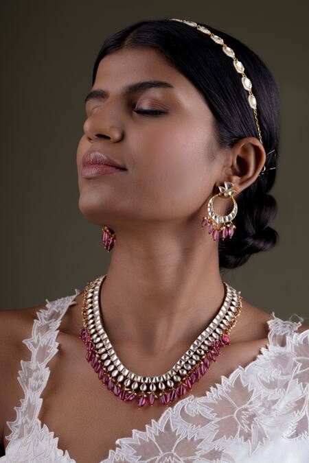 Osvag India_Gold Plated Diamonds, Beads Drop Embellished Necklace Set _Online_at_Aza_Fashions