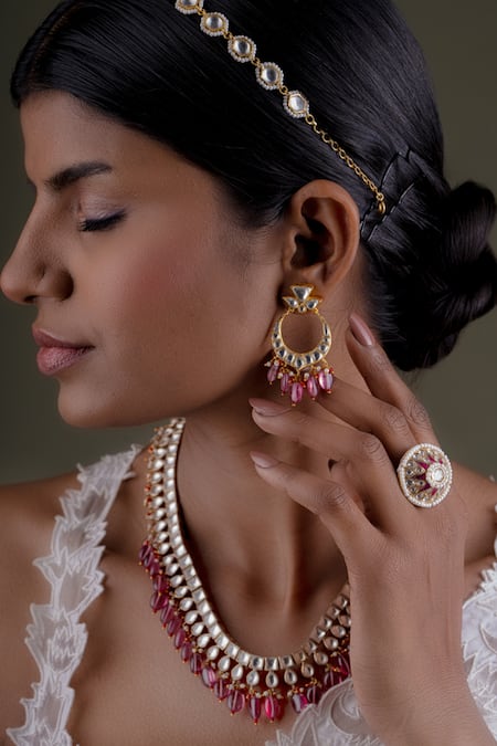 Buy_Osvag India_Gold Plated Diamonds, Beads Drop Embellished Necklace Set _Online_at_Aza_Fashions