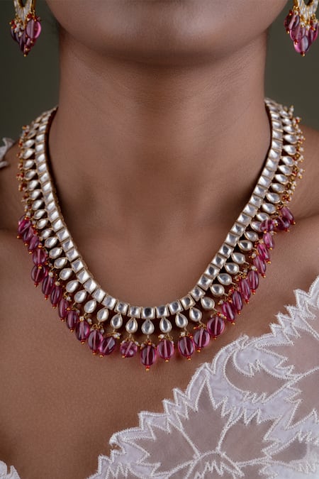 Shop_Osvag India_Gold Plated Diamonds, Beads Drop Embellished Necklace Set _Online_at_Aza_Fashions