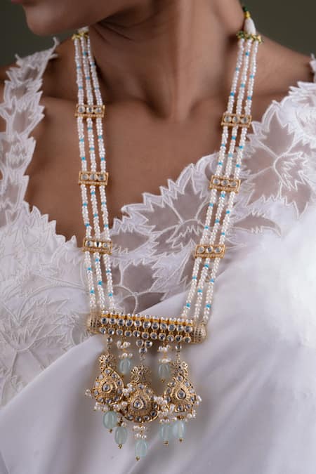 Osvag India_Gold Plated Polki Embellished Long Pendant Necklace _at_Aza_Fashions