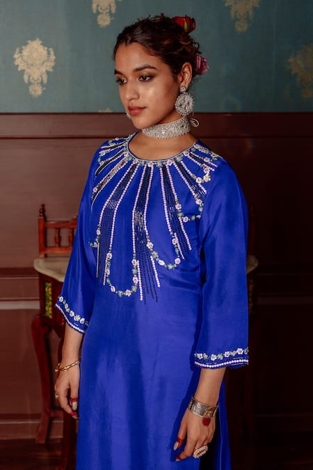 LAHARIO_Blue , Organza Sequins, Sun Burst Embellished Yoke Kurta Pant Set _Online_at_Aza_Fashions