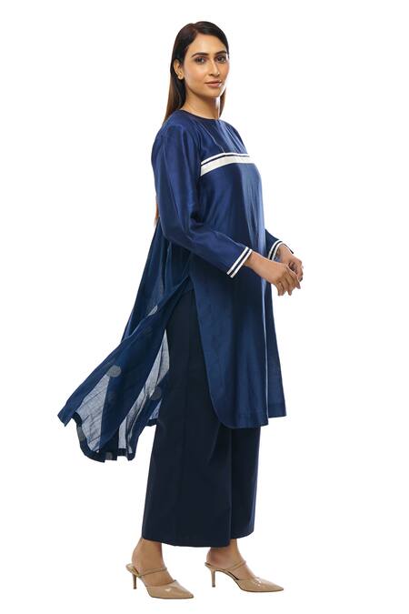 Shop_Khat_Blue Chanderi Silk, Handloom , Asymmetric Hem Kurta And Palazzo Set _Online_at_Aza_Fashions