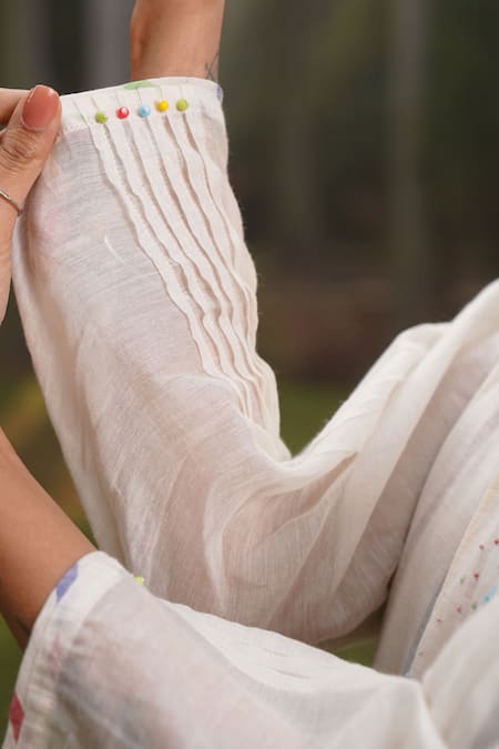 Shop_Dhaari_Off White Cotton, Silk Embroidery Hand Dress _Online_at_Aza_Fashions