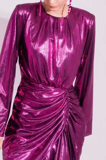 SONAM PARMAR JHAWAR_Pink Metallic Lame Gloria Asymmetrical Dress_Online_at_Aza_Fashions