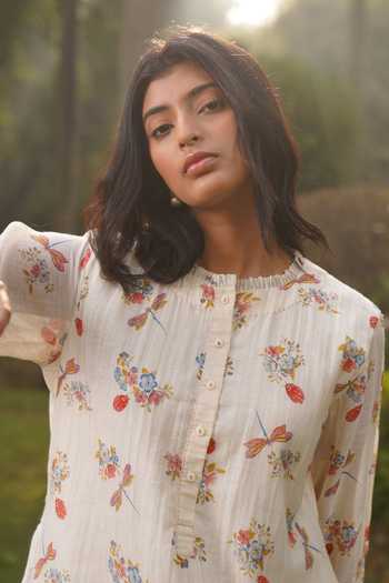 Buy_Dhaari_Off White Handloom Cotton, Silk Embroidery Hand Painted Dress _Online_at_Aza_Fashions