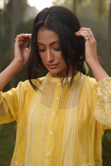 Buy_Dhaari_Yellow Cotton, Silk Embroidery Bandeau Neck, Round Hand Painted Pleated Dress _Online_at_Aza_Fashions