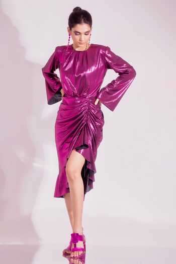 Shop_SONAM PARMAR JHAWAR_Pink Metallic Lame Gloria Asymmetrical Dress_Online_at_Aza_Fashions