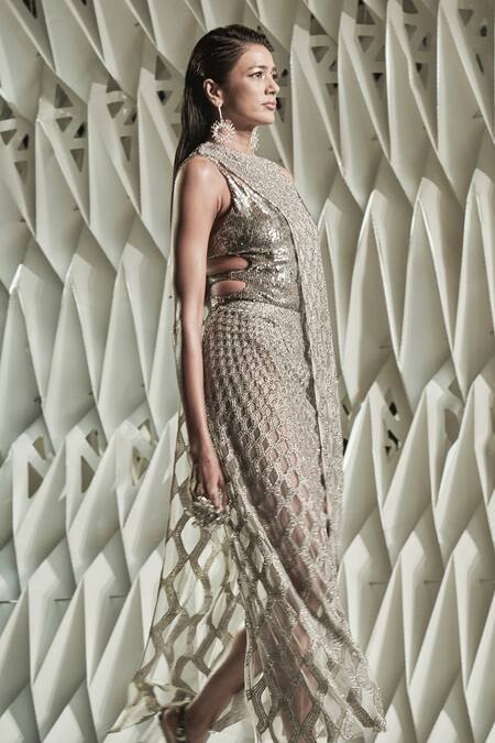 Rohit Gandhi + Rahul Khanna_Silver Tulle, Crepe Beads, Sequins Abyss Cutwork Skirt _Online_at_Aza_Fashions