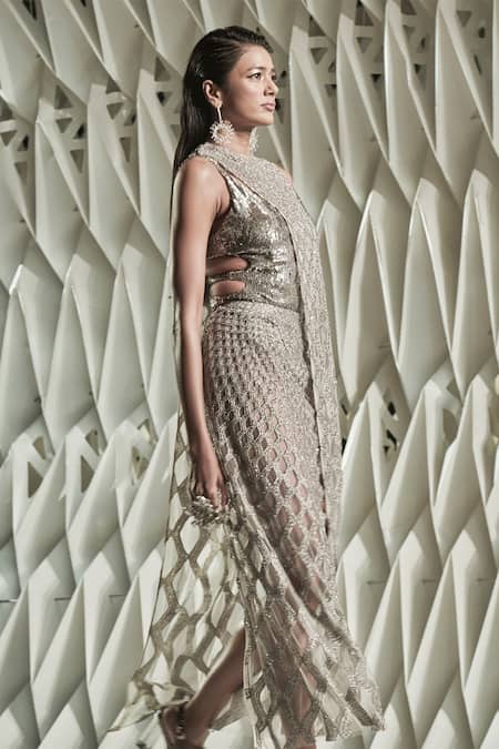 Rohit Gandhi + Rahul Khanna Silver Tulle, Crepe Embroidery, Abyss Cutwork Cape And Embellished Skirt Set Online at Aza Fashions Rohit Gandhi + Rahul Khanna_Silver Tulle, Crepe Embroidery, Abyss Cutwork Cape And Embellished Skirt Set _Online_at_Aza_Fashions