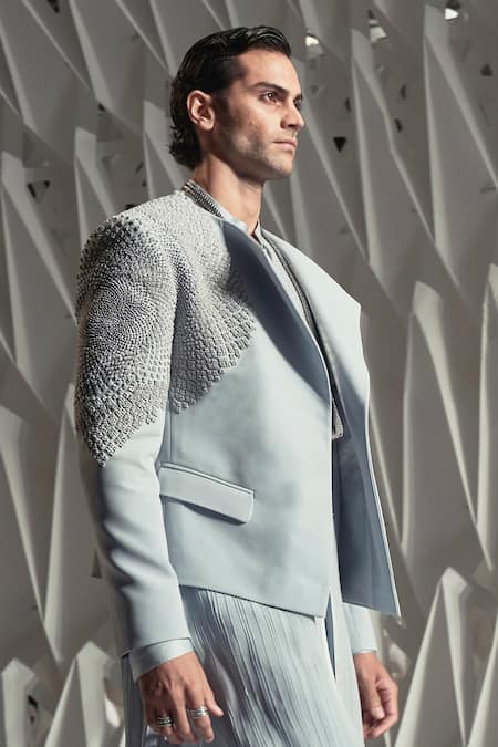 Rohit Gandhi + Rahul Khanna_Blue Georgette Pearls Occulus Straight Kurta _Online_at_Aza_Fashions