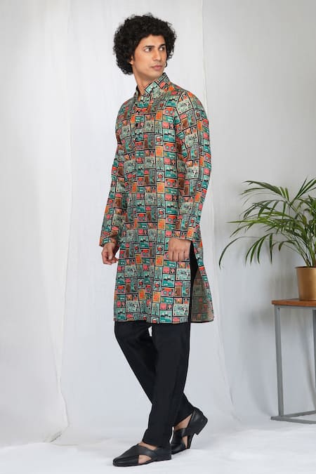 Eleven Brothers_Black Silk, Cotton Art Gallery Print Kurta And Pant Set _Online_at_Aza_Fashions