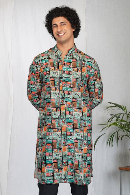 Buy_Eleven Brothers_Black Silk, Cotton Art Gallery Print Kurta And Pant Set _Online_at_Aza_Fashions