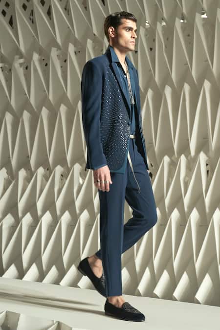 Rohit Gandhi + Rahul Khanna Blue Crepe Crystals, Beads Ionic Embroidered Single Breasted Blazer Online at Aza Fashions Rohit Gandhi + Rahul Khanna_Blue Crepe Crystals, Beads Ionic Embroidered Single Breasted Blazer _Online_at_Aza_Fashions