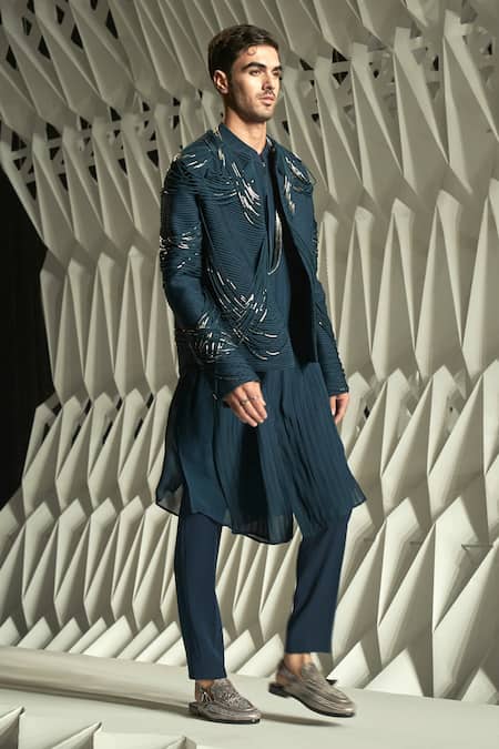 Rohit Gandhi + Rahul Khanna_Blue Crepe Embroidery Finial Embellished Jacket _Online_at_Aza_Fashions