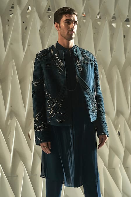 Buy_Rohit Gandhi + Rahul Khanna_Blue Crepe Embroidery Finial Embellished Jacket _Online_at_Aza_Fashions