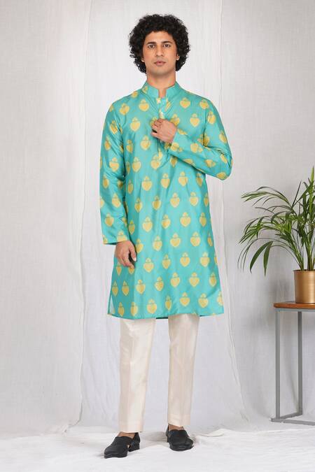Buy Eleven Brothers Green Muslin, Cotton, Silk Inverted Ace Print Kurta And Pant Set Online at Aza Fashions Buy_Eleven Brothers_Green Muslin, Cotton, Silk Inverted Ace Print Kurta And Pant Set _Online_at_Aza_Fashions
