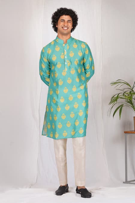 Shop Eleven Brothers Green Muslin, Cotton, Silk Inverted Ace Print Kurta And Pant Set Online at Aza Fashions Shop_Eleven Brothers_Green Muslin, Cotton, Silk Inverted Ace Print Kurta And Pant Set _Online_at_Aza_Fashions