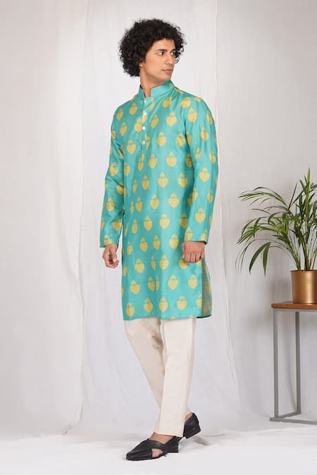 Eleven Brothers Green Muslin, Cotton, Silk Inverted Ace Print Kurta And Pant Set at Aza Fashions Eleven Brothers_Green Muslin, Cotton, Silk Inverted Ace Print Kurta And Pant Set _at_Aza_Fashions