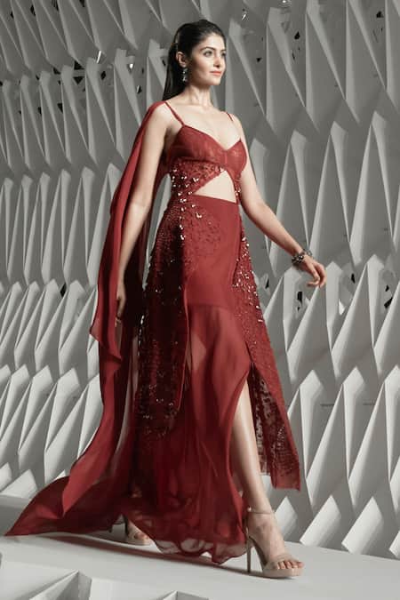 Rohit Gandhi + Rahul Khanna_Red Tulle, Maheshwari, Silk, Chiffon, Net Beads, Spire Fringe Jacket And Skirt Set _Online_at_Aza_Fashions