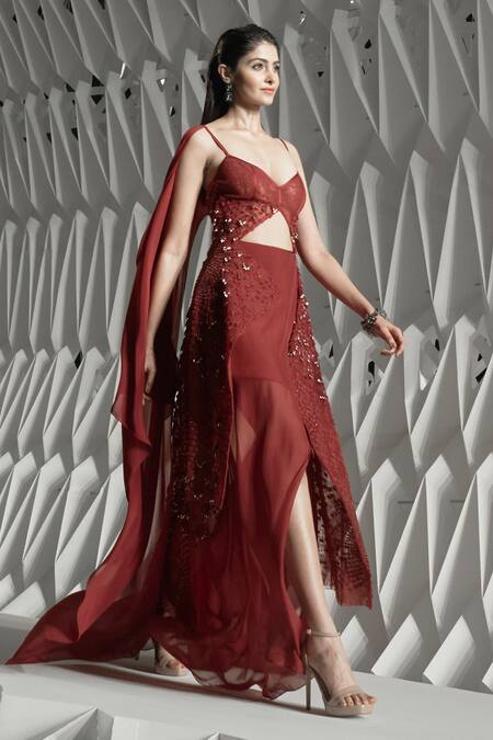 Rohit Gandhi + Rahul Khanna Red Silk, Chiffon Sequins, Embroidery Spire Draped Skirt Online at Aza Fashions Rohit Gandhi + Rahul Khanna_Red Silk, Chiffon Sequins, Embroidery Spire Draped Skirt _Online_at_Aza_Fashions