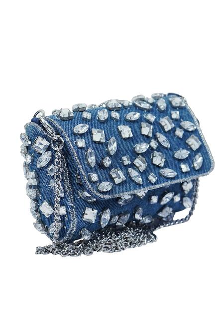 Ginn And Tonik_Blue Embellished Denim Stone Sling Bag _Online_at_Aza_Fashions