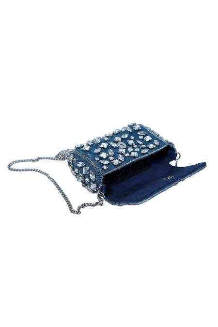 Shop_Ginn And Tonik_Blue Embellished Denim Stone Sling Bag _Online_at_Aza_Fashions