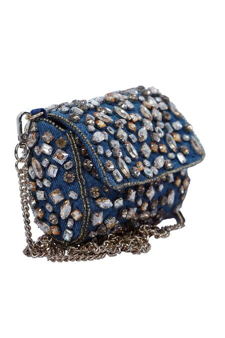 Ginn And Tonik_Blue Stones Embellished Denim Sling Bag _Online_at_Aza_Fashions