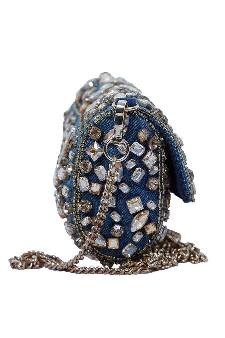 Buy_Ginn And Tonik_Blue Stones Embellished Denim Sling Bag _Online_at_Aza_Fashions