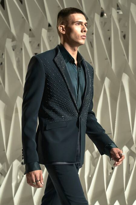 Rohit Gandhi + Rahul Khanna Blue Crepe Embroidery Ascent Embellished Tuxedo Pant Set Online at Aza Fashions Rohit Gandhi + Rahul Khanna_Blue Crepe Embroidery Ascent Embellished Tuxedo Pant Set _Online_at_Aza_Fashions