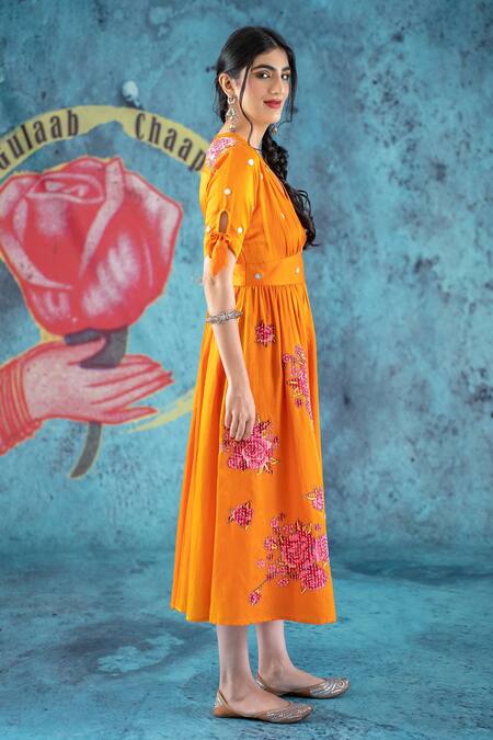 Buy Kacha Tanka Orange Cotton Satin Floral V Neck Rose Applique Dress Online at Aza Fashions Buy_Kacha Tanka_Orange Cotton Satin Floral V Neck Rose Applique Dress _Online_at_Aza_Fashions